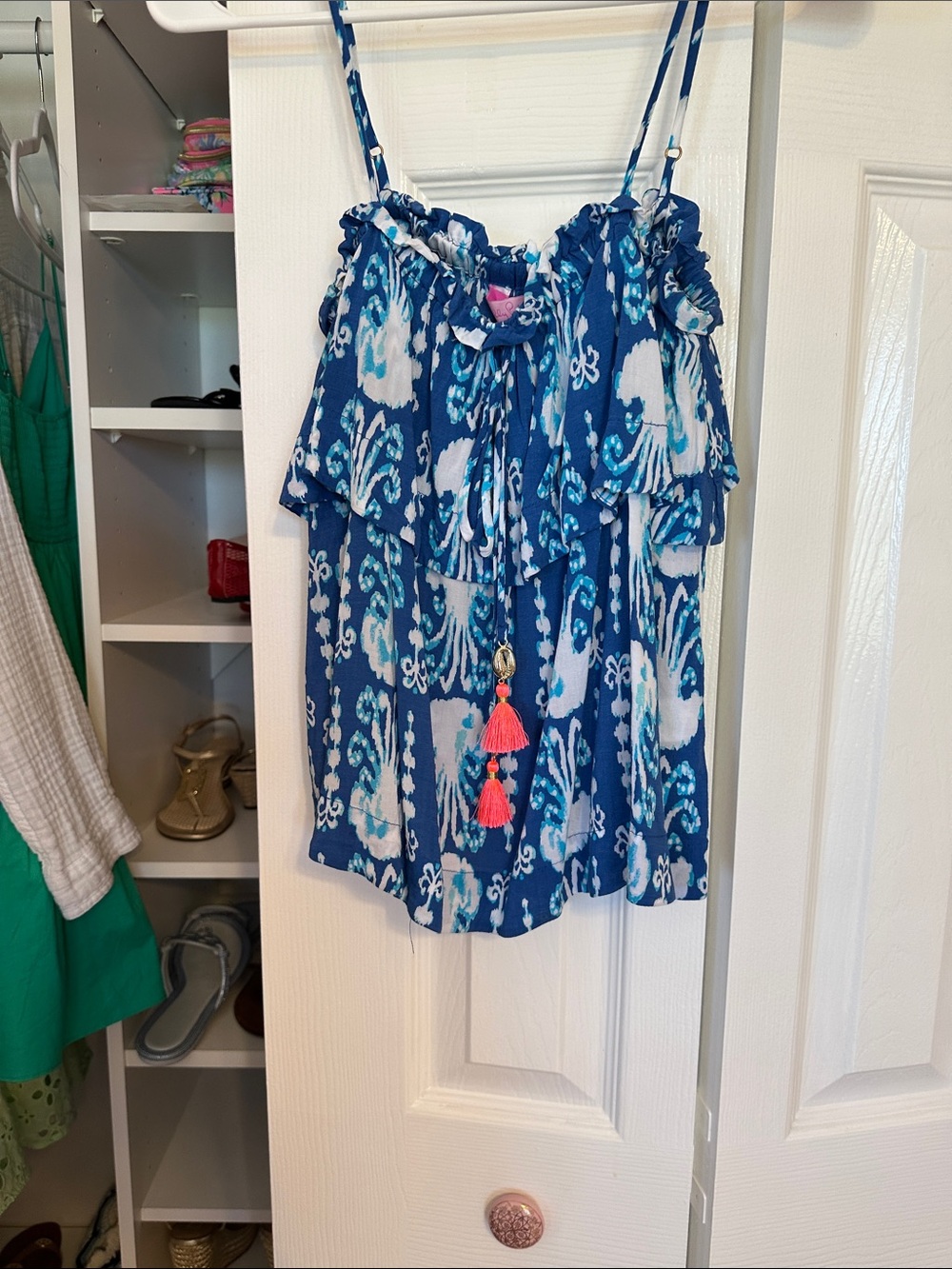 Lilly Pulitzer Blue Printed Ruffled Spaghetti-Strap top with Pink Tassels